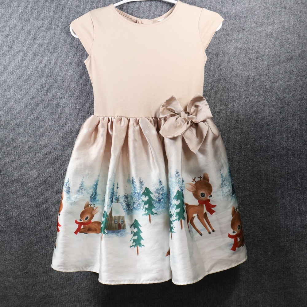 H&M Girls 8/10 Cap Sleeve Reindeer Tan Dress Winter Christmas Holiday Woodland